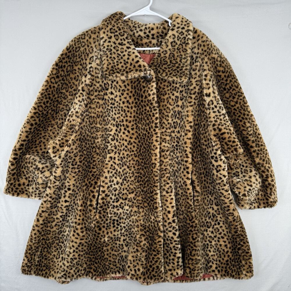 Vintage STUNNING Donnybrook Leopard Faux Fur Swing Coat Size Large Button Jacket - Picture 1 of 10